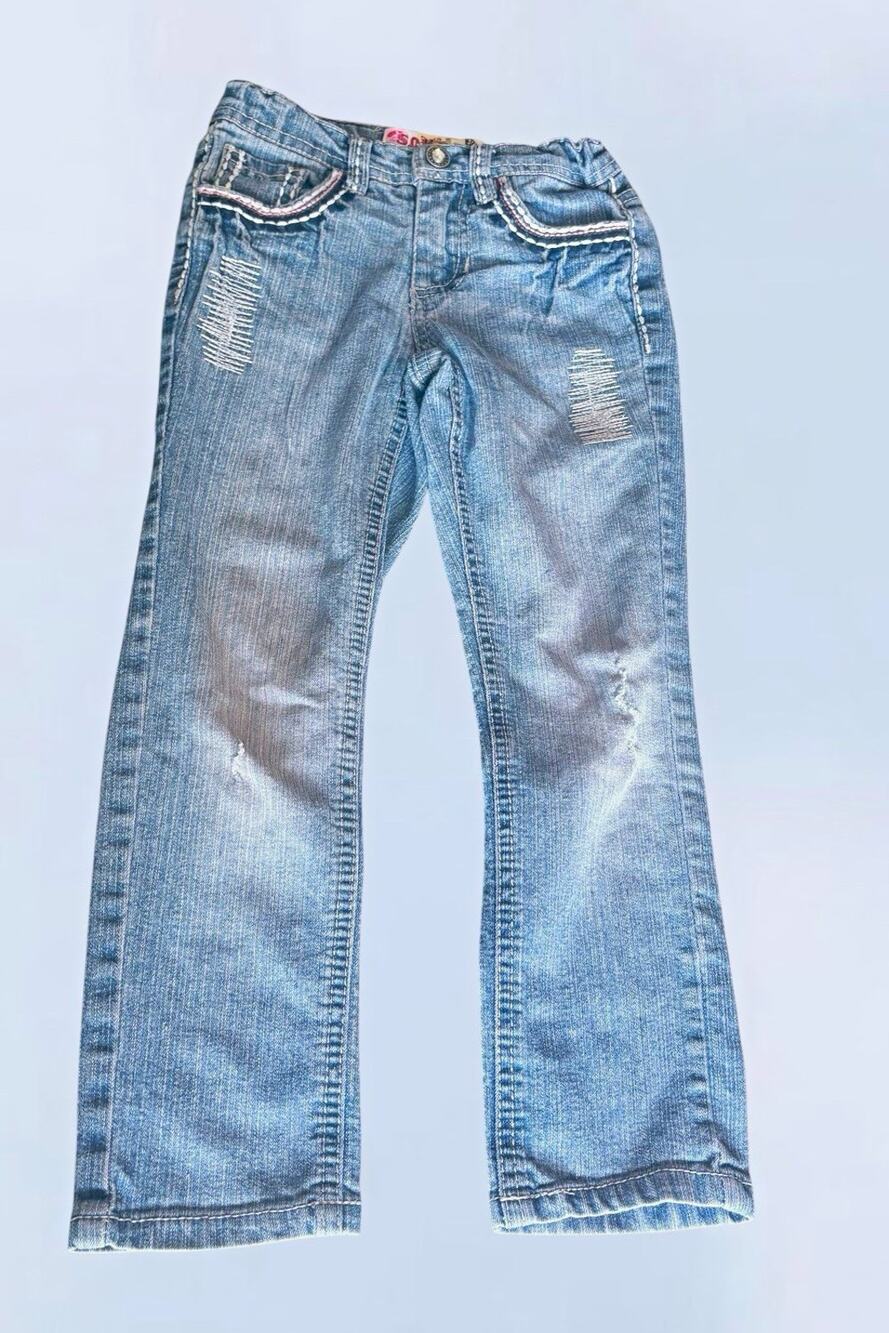 Vintage Y2K Squeeze Girls Blue Light Wash Denim Jeans Butterfly Embroidered 5